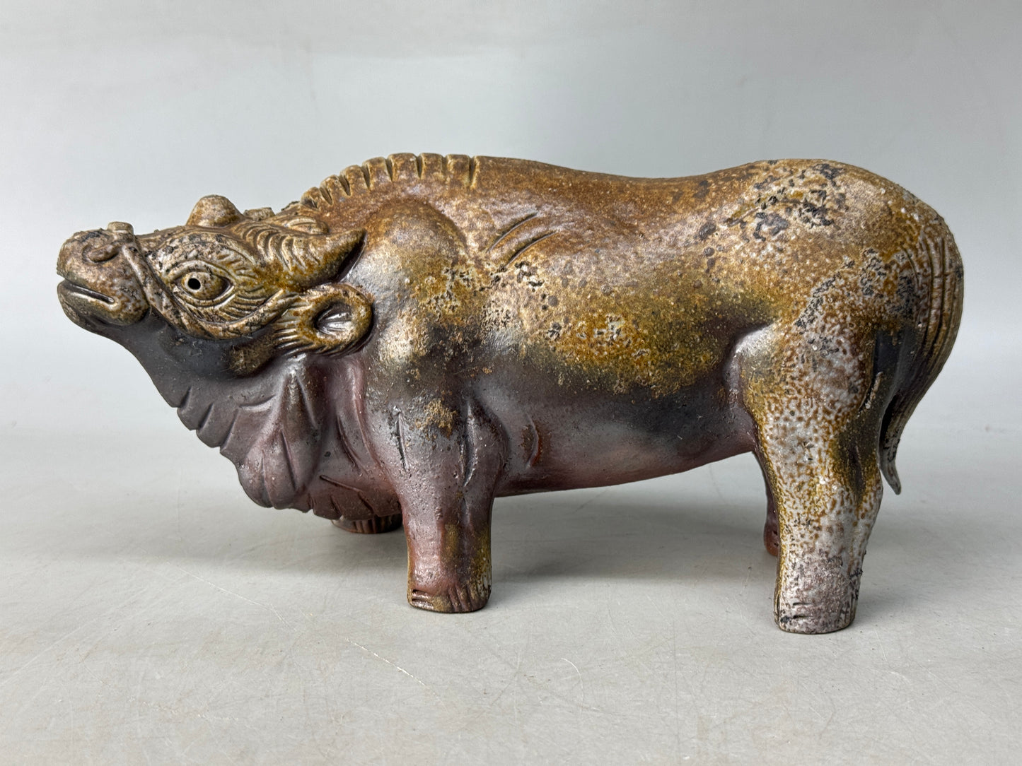 Y8731 OKIMONO Bizen-ware Cow figurine signed box Japan antique interior decor