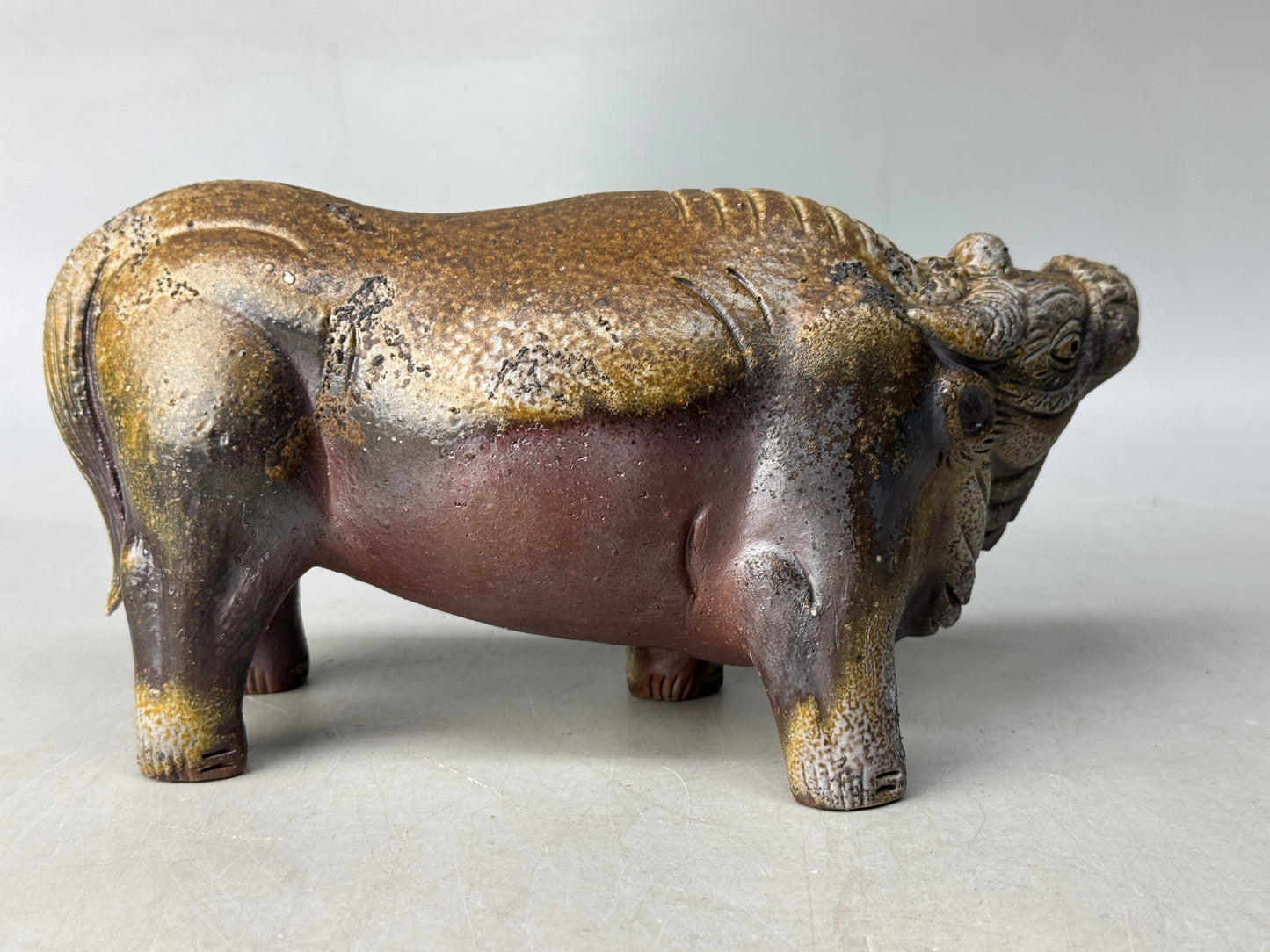 Y8731 OKIMONO Bizen-ware Cow figurine signed box Japan antique interior decor