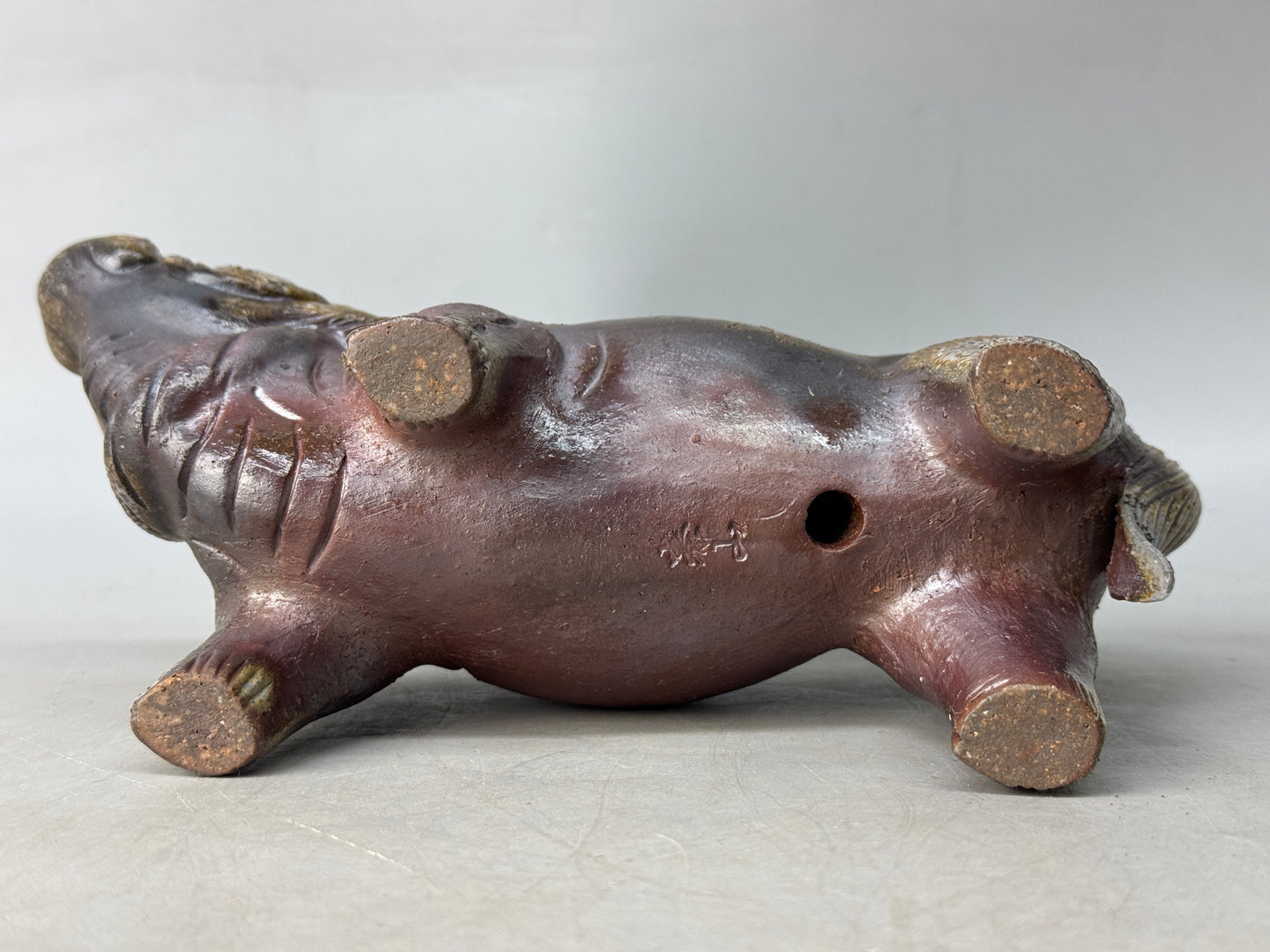 Y8731 OKIMONO Bizen-ware Cow figurine signed box Japan antique interior decor