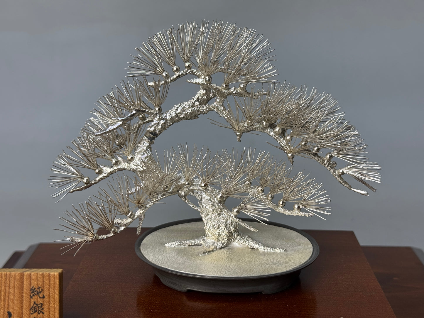 Y8747 OKIMONO pure Silver Pine ornament glass case Japan antique interior decor