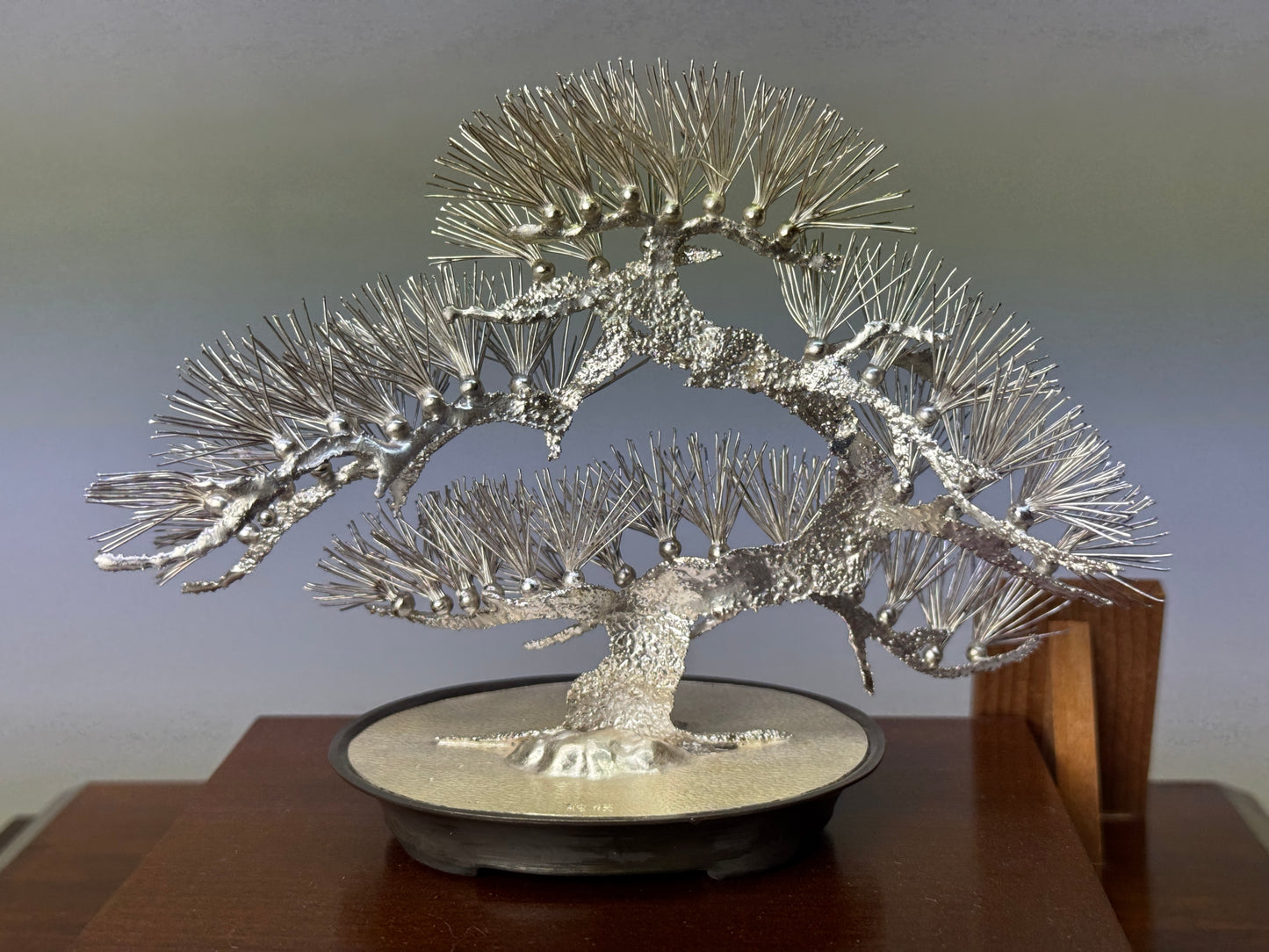 Y8747 OKIMONO pure Silver Pine ornament glass case Japan antique interior decor