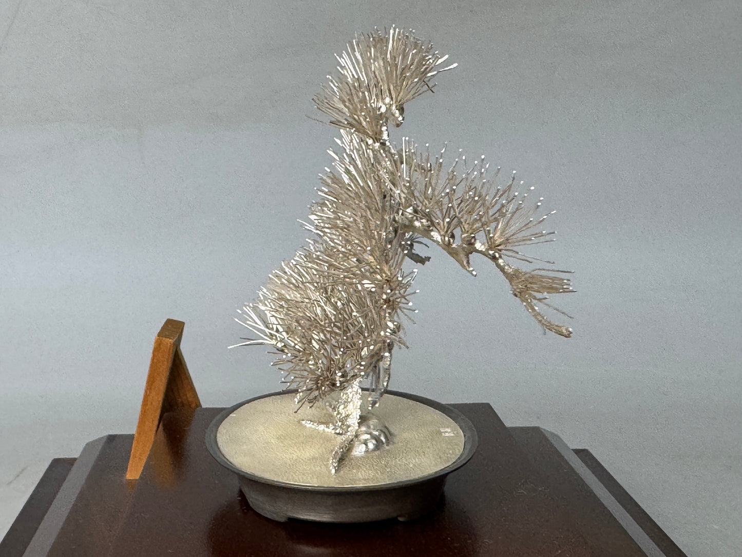 Y8747 OKIMONO pure Silver Pine ornament glass case Japan antique interior decor