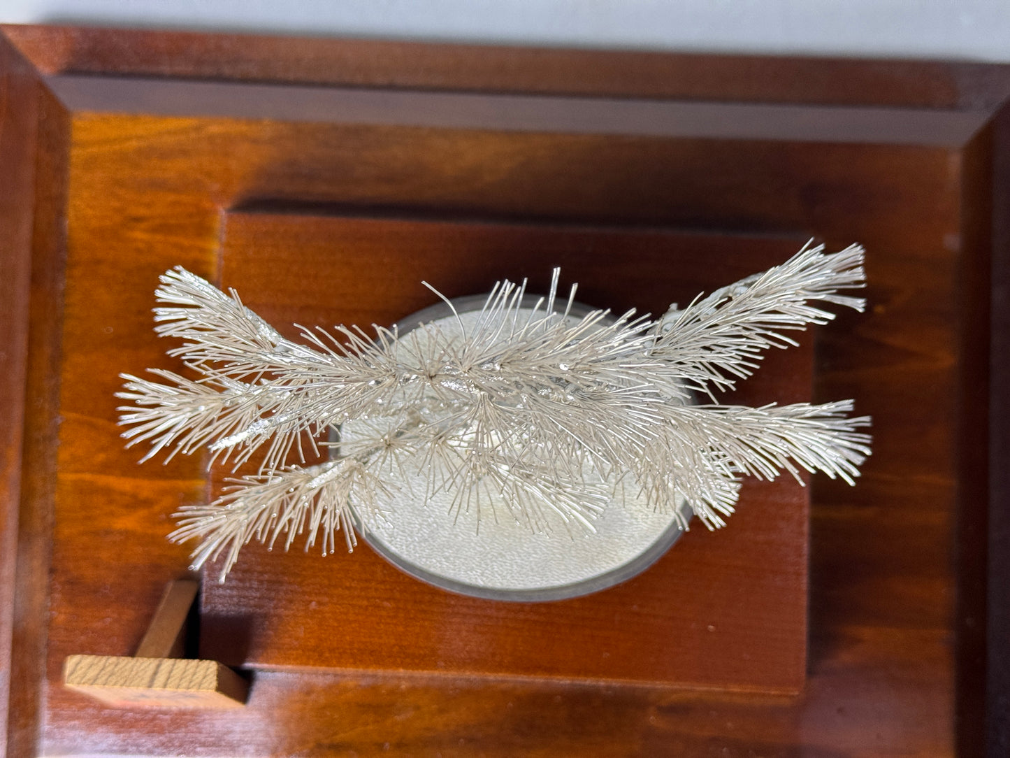 Y8747 OKIMONO pure Silver Pine ornament glass case Japan antique interior decor