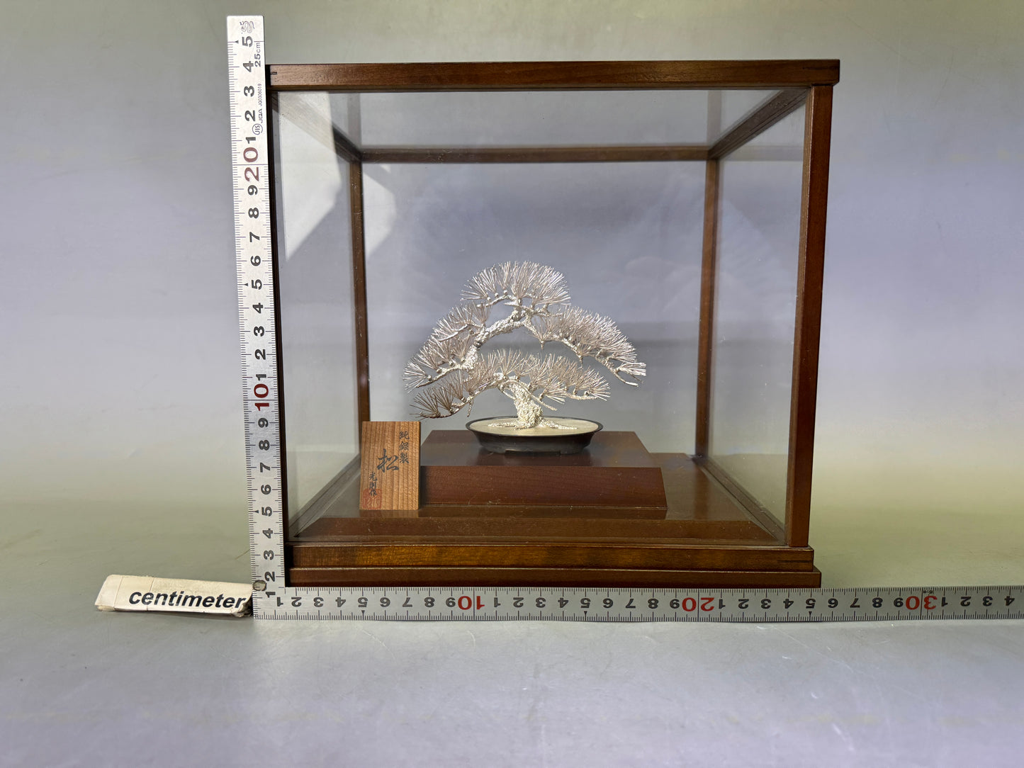 Y8747 OKIMONO pure Silver Pine ornament glass case Japan antique interior decor