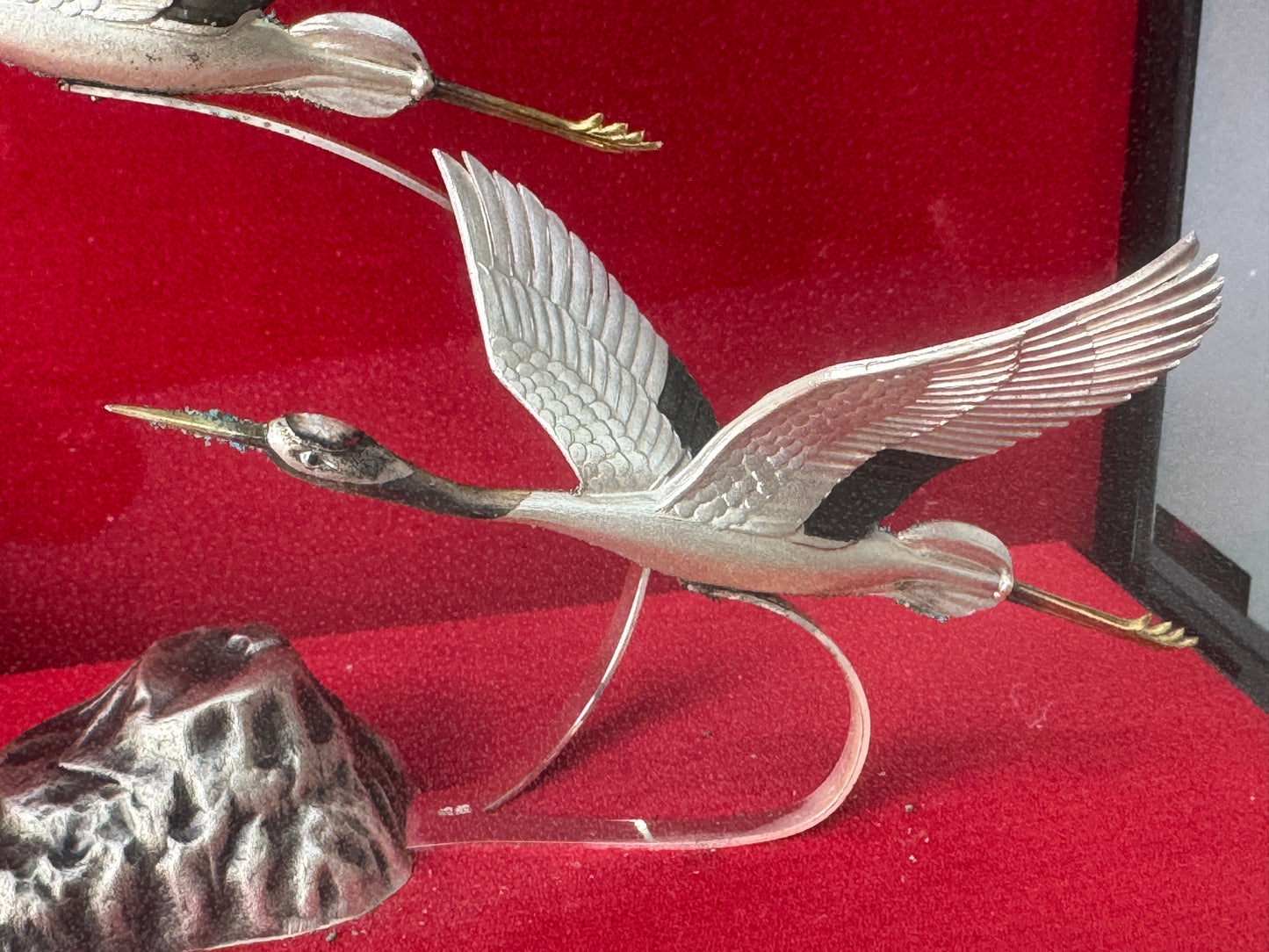 Y8750 OKIMONO pure Silver Crane Turtle figurine glass case Japan antique decor