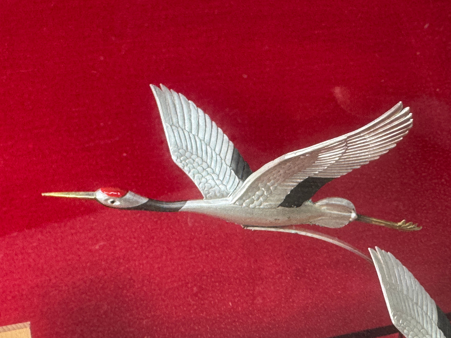 Y8750 OKIMONO pure Silver Crane Turtle figurine glass case Japan antique decor
