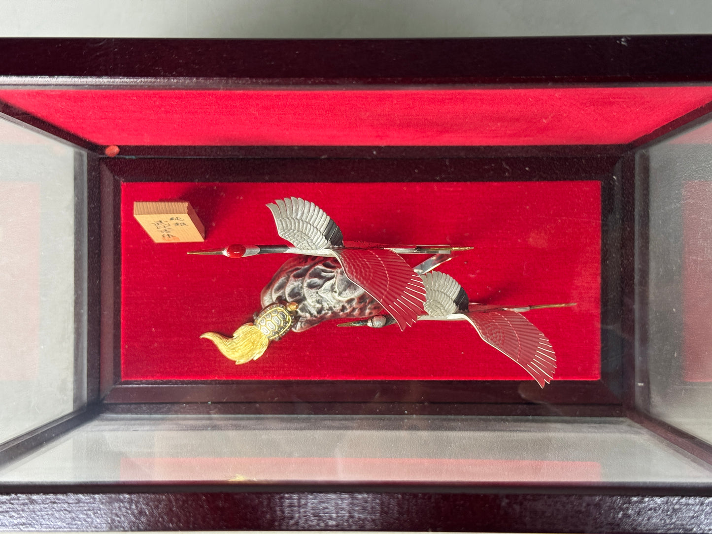 Y8750 OKIMONO pure Silver Crane Turtle figurine glass case Japan antique decor