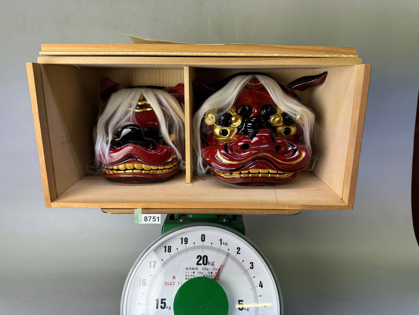 Y8751 OKIMONO wooden Lion head signed box festival Japan antique interior decor