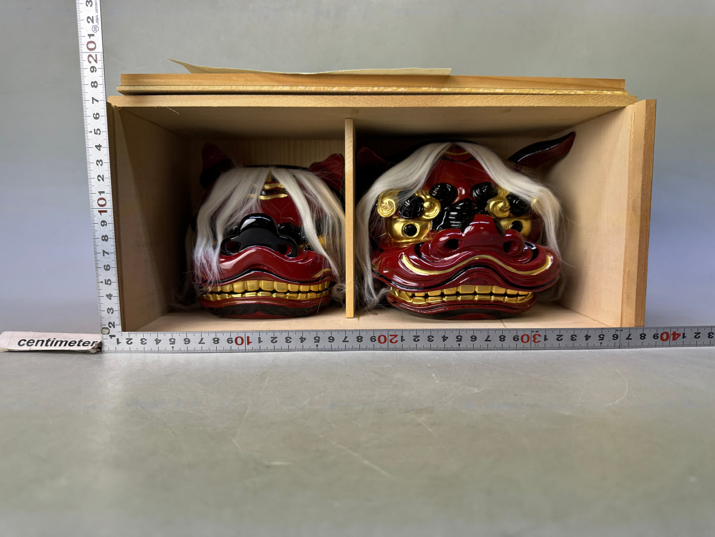 Y8751 OKIMONO wooden Lion head signed box festival Japan antique interior decor