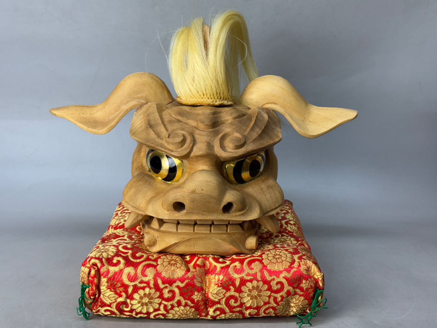 Y8752 OKIMONO wooden Lion head figure signed box Japan antique interior decor