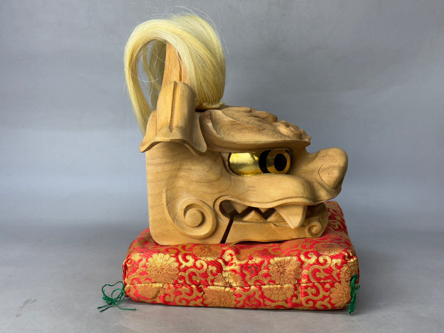 Y8752 OKIMONO wooden Lion head figure signed box Japan antique interior decor