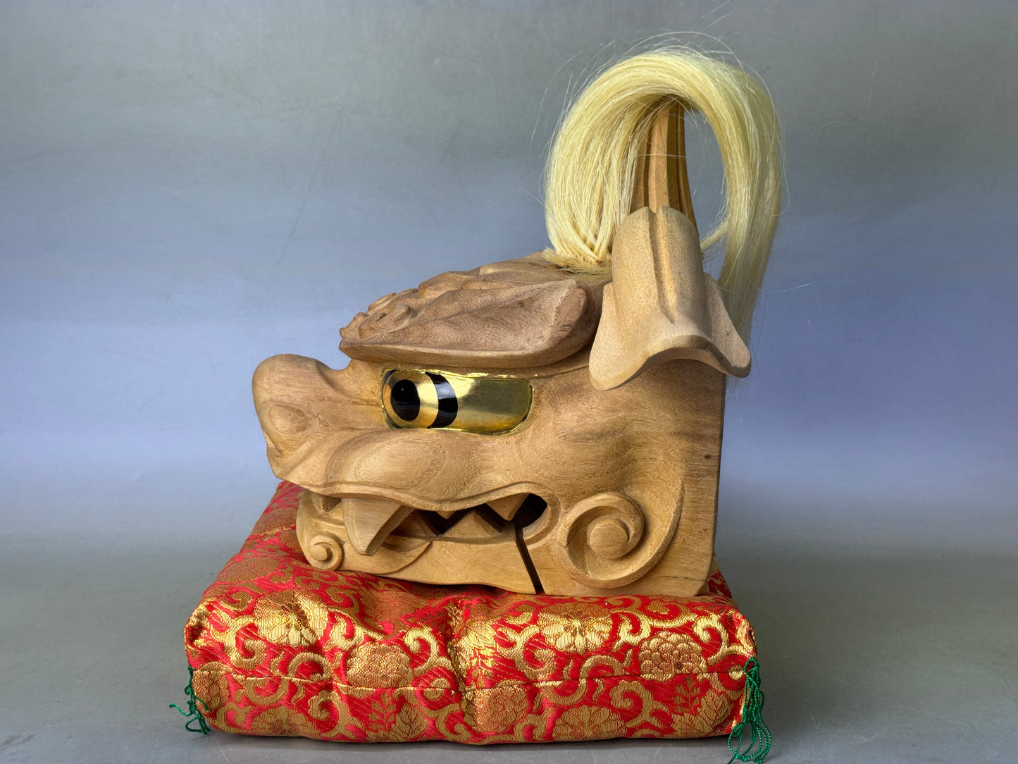 Y8752 OKIMONO wooden Lion head figure signed box Japan antique interior decor