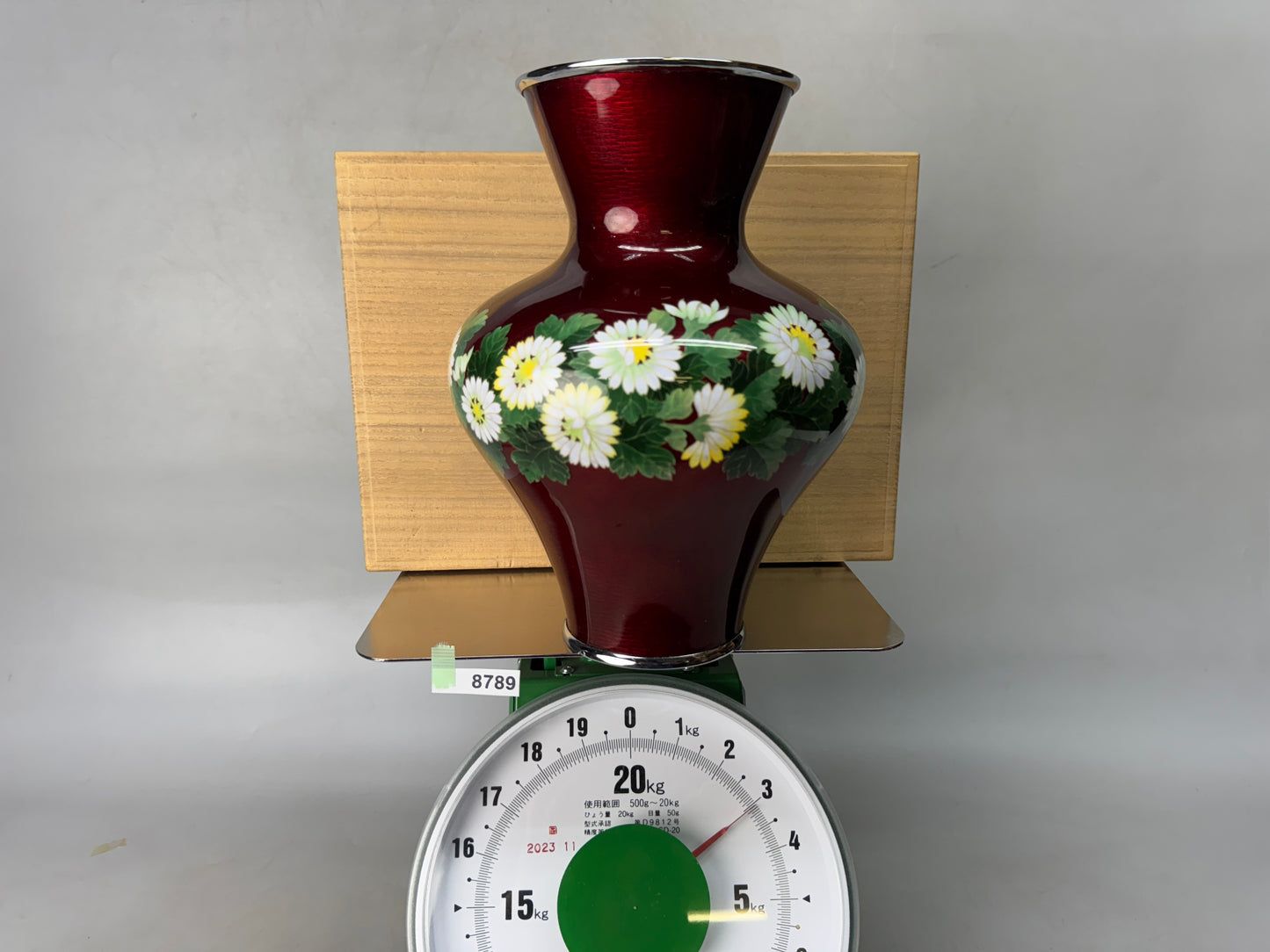 Y8789 FLOWER VASE Cloisonne red signed box Japan ikebana floral arrangement