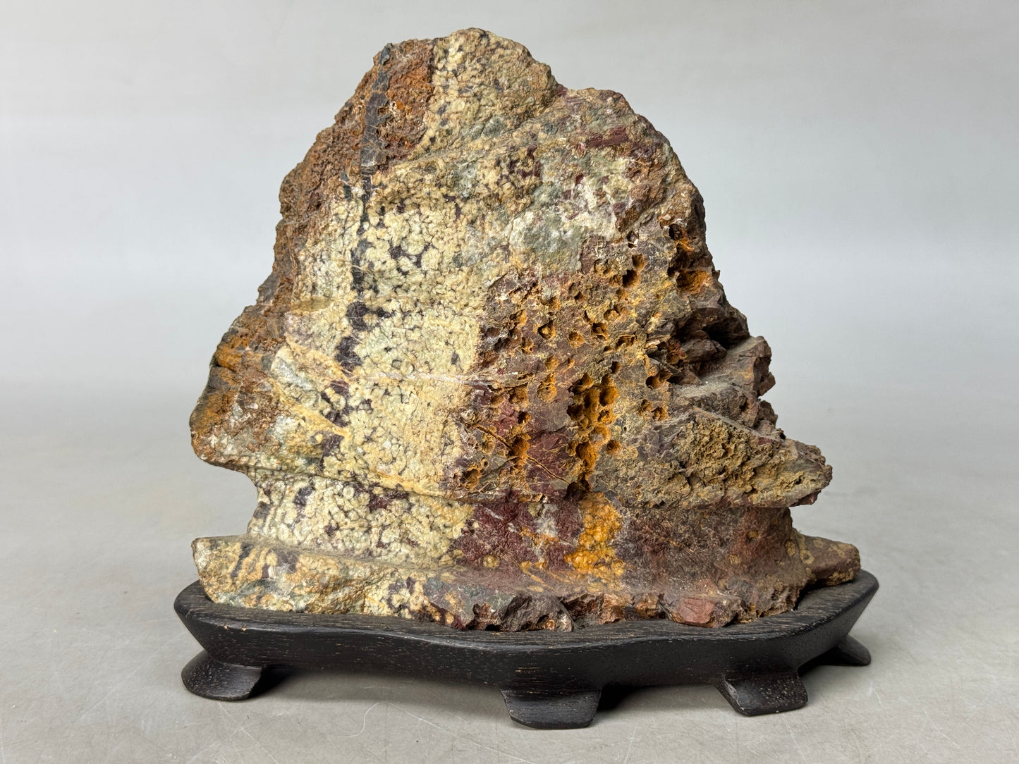 Y8791 OKIMONO Suiseki ornamental viewing red stone wooden stand Japan antique