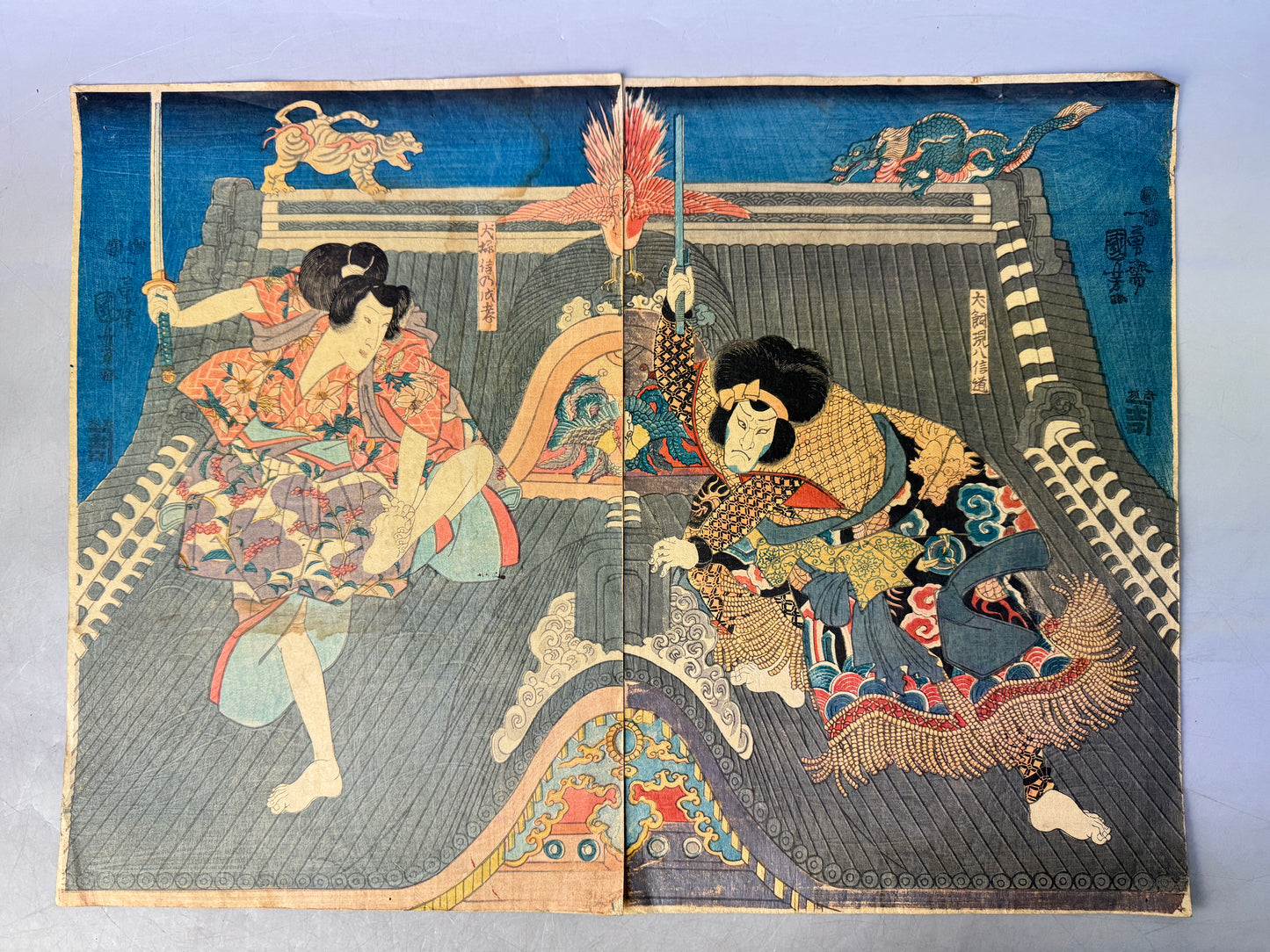 Y8818 WOODBLOCK PRINT Kuniyoshi Satomi Hakkenden 2 pieces Japan Ukiyoe antique