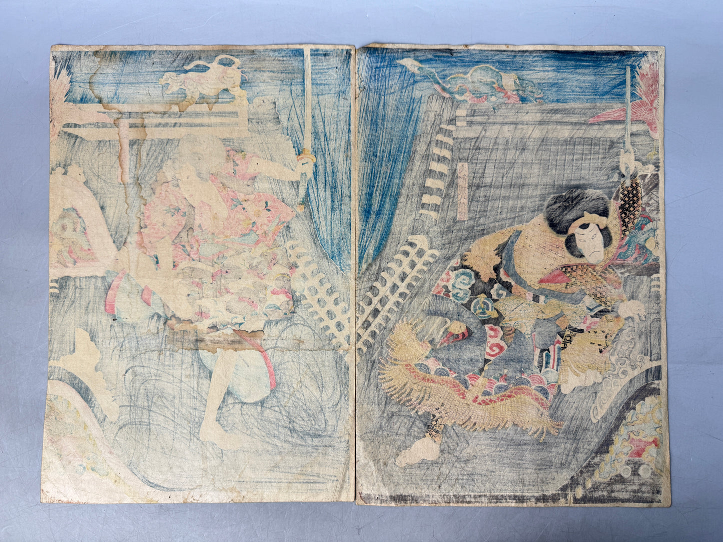 Y8818 WOODBLOCK PRINT Kuniyoshi Satomi Hakkenden 2 pieces Japan Ukiyoe antique