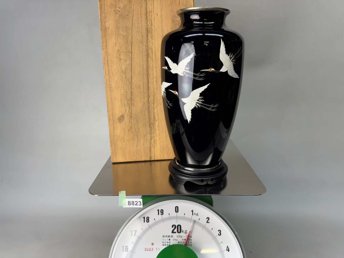 Y8823 FLOWER VASE Cloisonne Crane signed box Japan ikebana floral arrangement