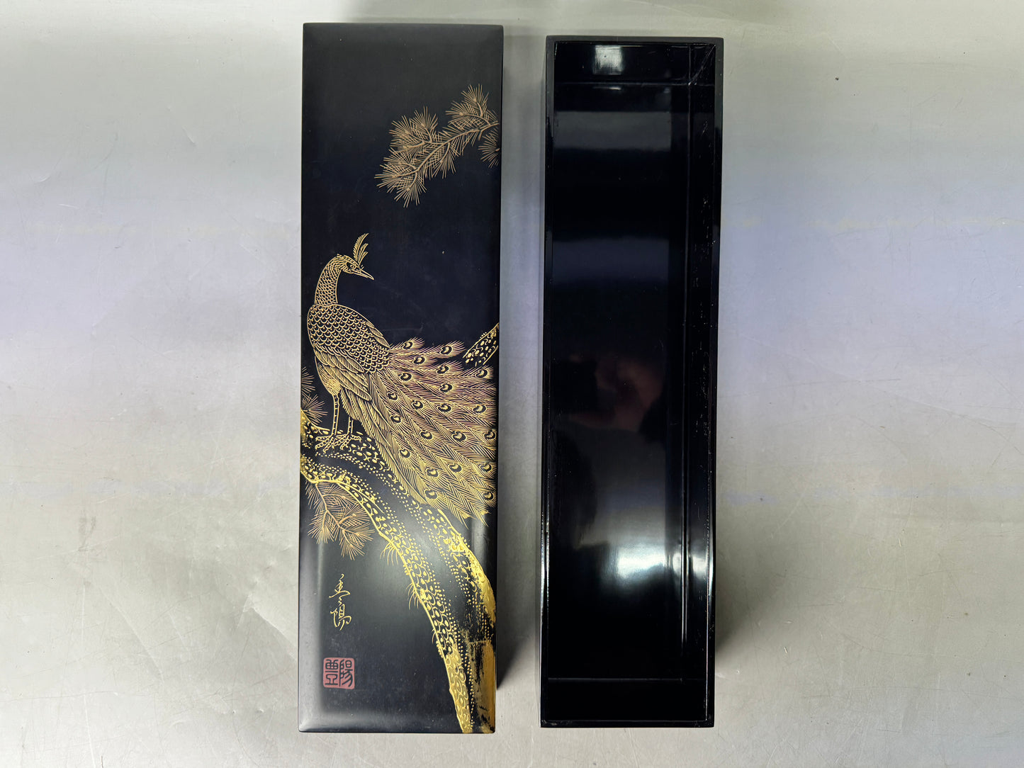 Y8831 BOX Chinkin Makie Peacock Letter Case Signed Japan antique storage decor