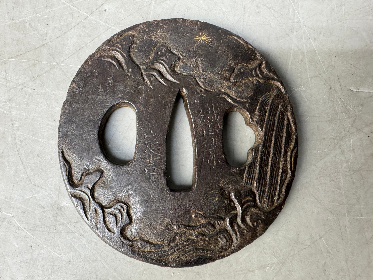 Y8838 TSUBA Iron sword guard signed Japan samurai katana antique koshirae edo