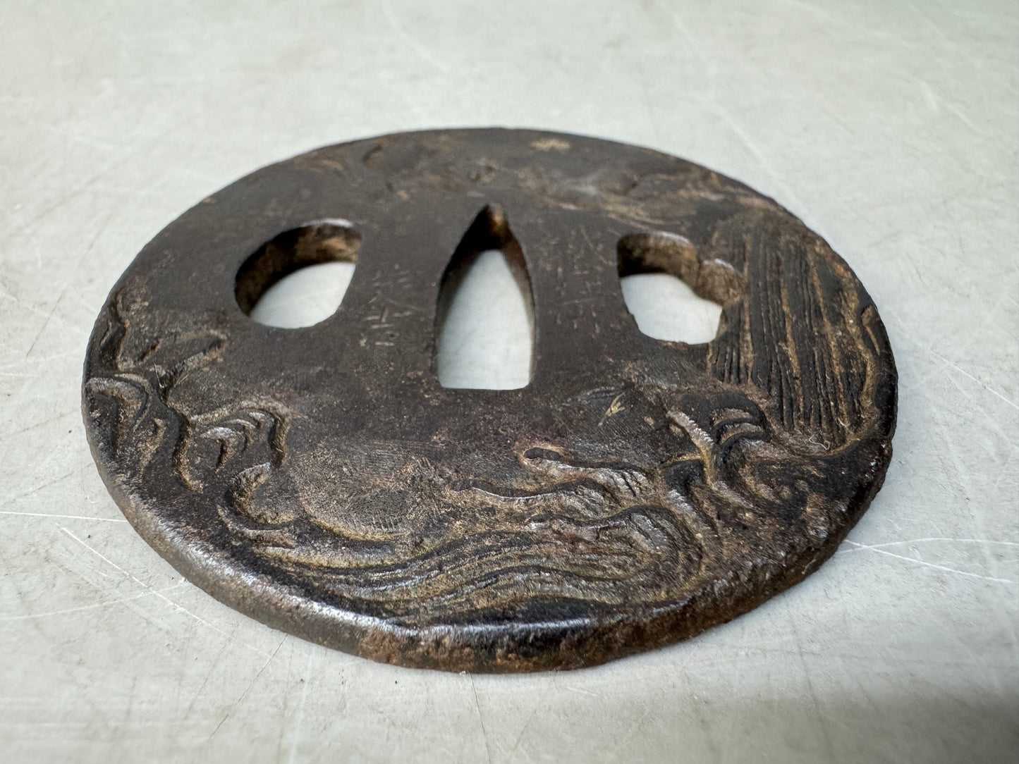 Y8838 TSUBA Iron sword guard signed Japan samurai katana antique koshirae edo