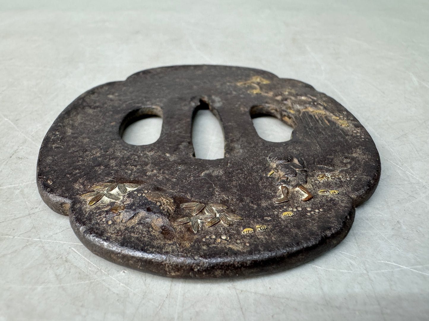 Y8841 TSUBA Iron sword guard box Japan samurai katana antique koshirae edo