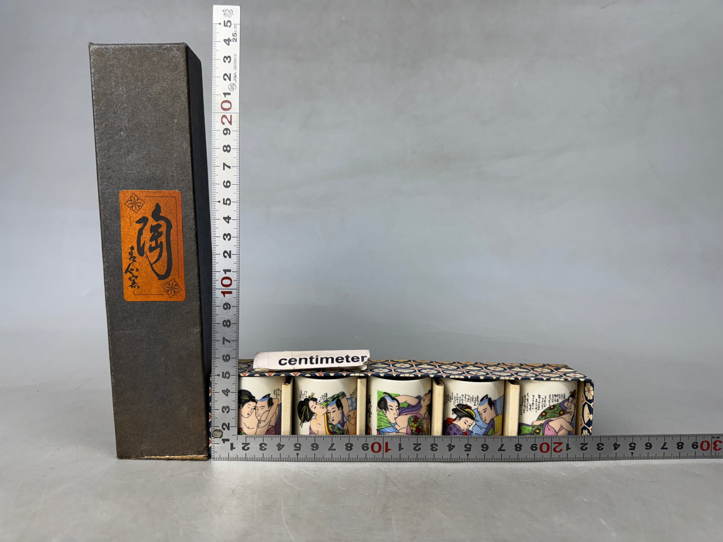 Y8843 CHAWAN Kutani-ware sake cup set of 5 box Shunga Japan antique tableware