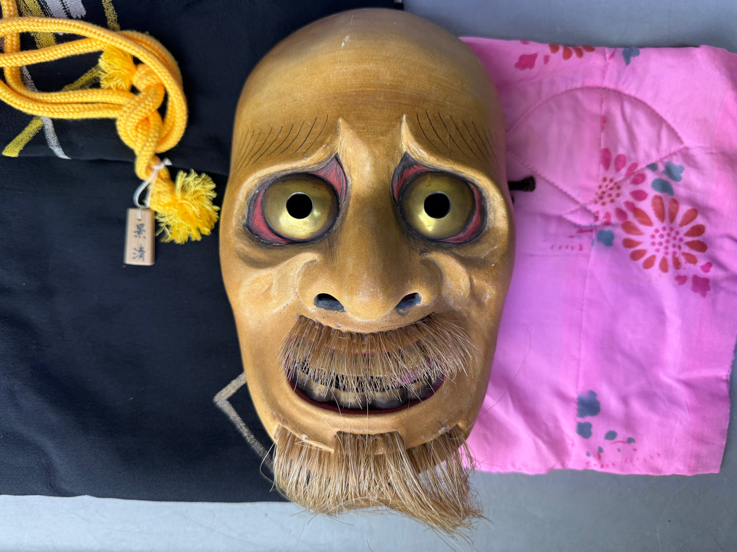 Y8855 NOH MASK wood carving Ohakujo signed Japan antique omen men dance drama