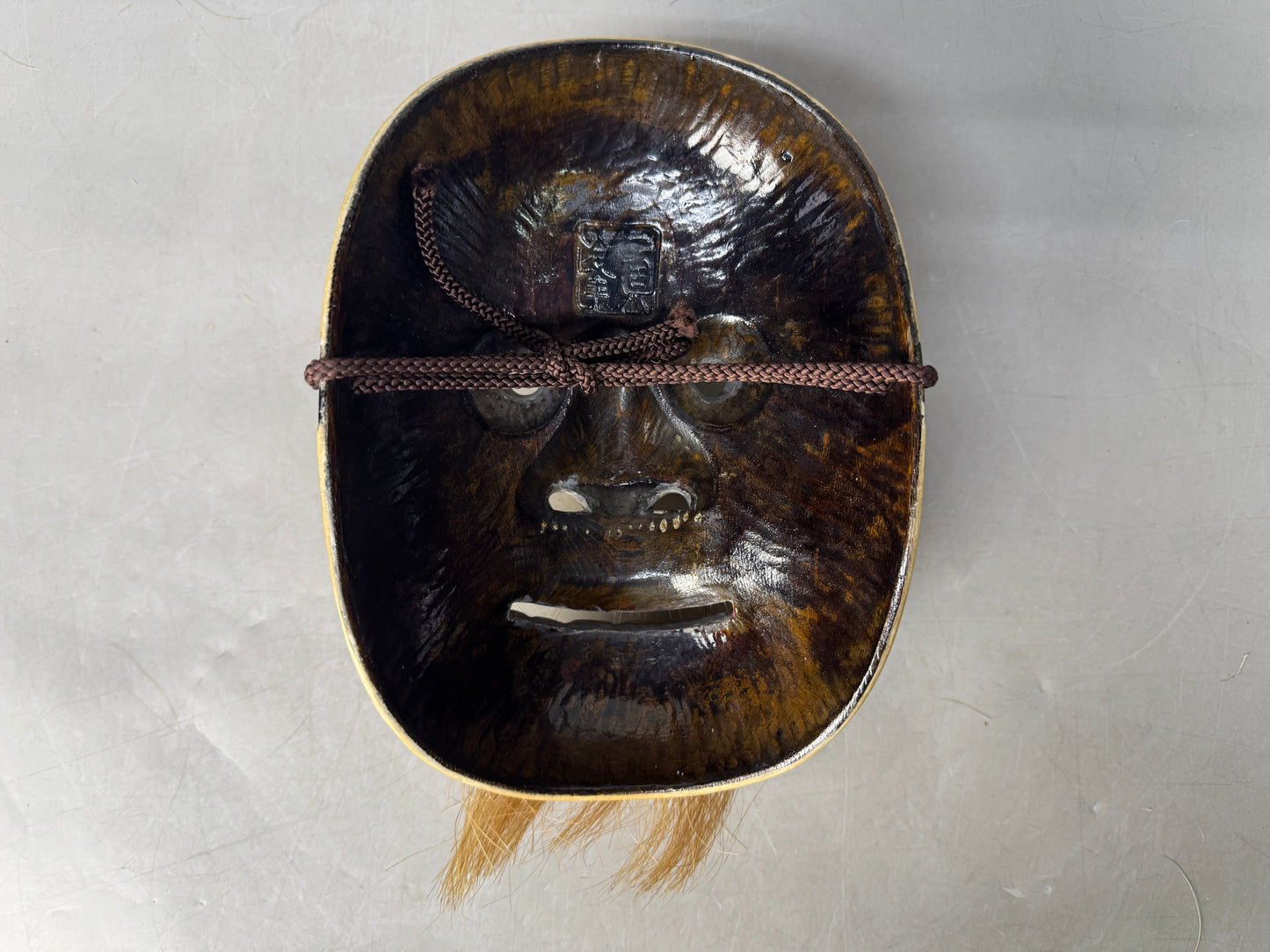 Y8855 NOH MASK wood carving Ohakujo signed Japan antique omen men dance drama