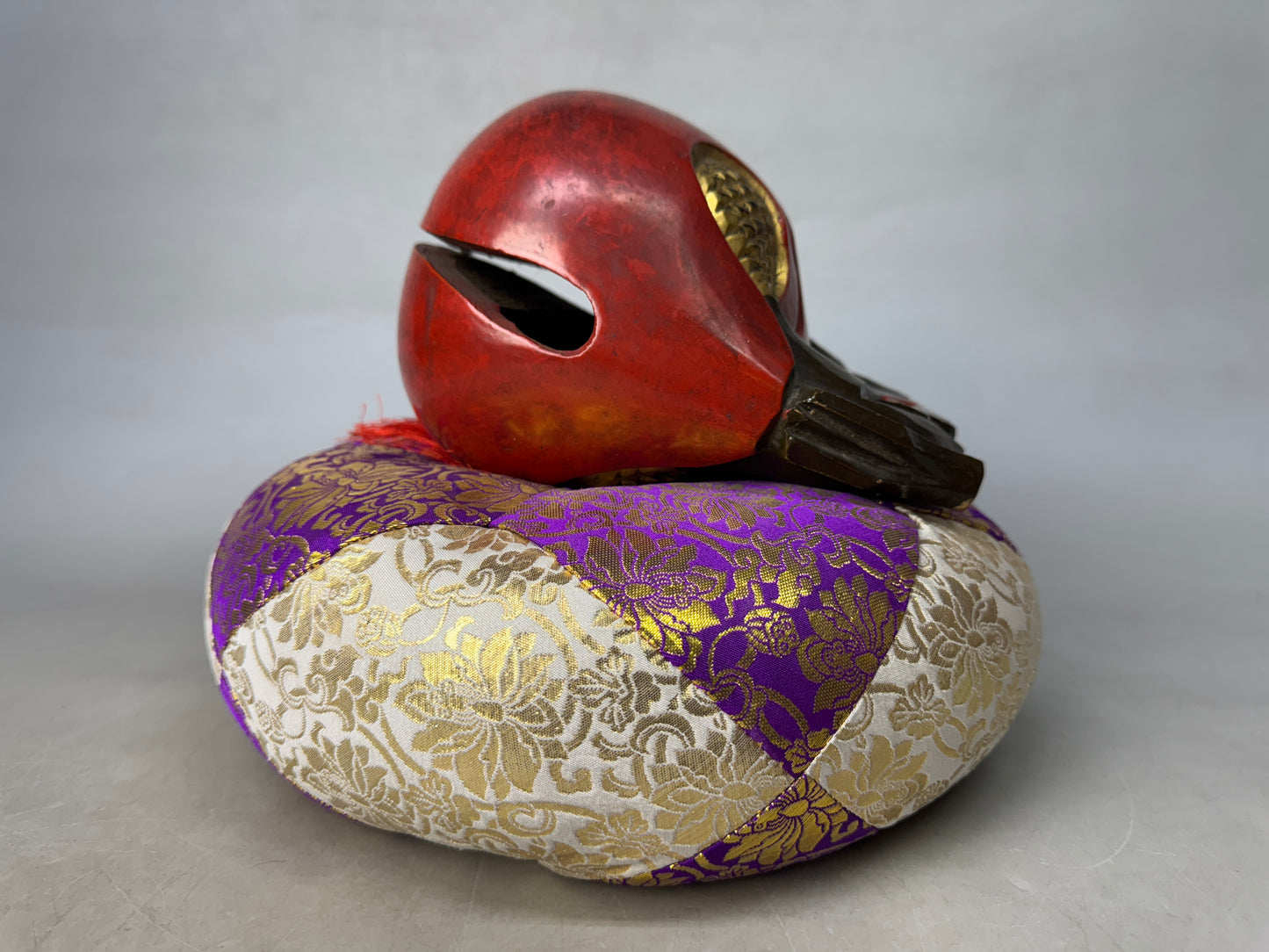 Y8865 MOKUGYO wooden Buddhist Monk Instrument Makie cushion Japan antique temple