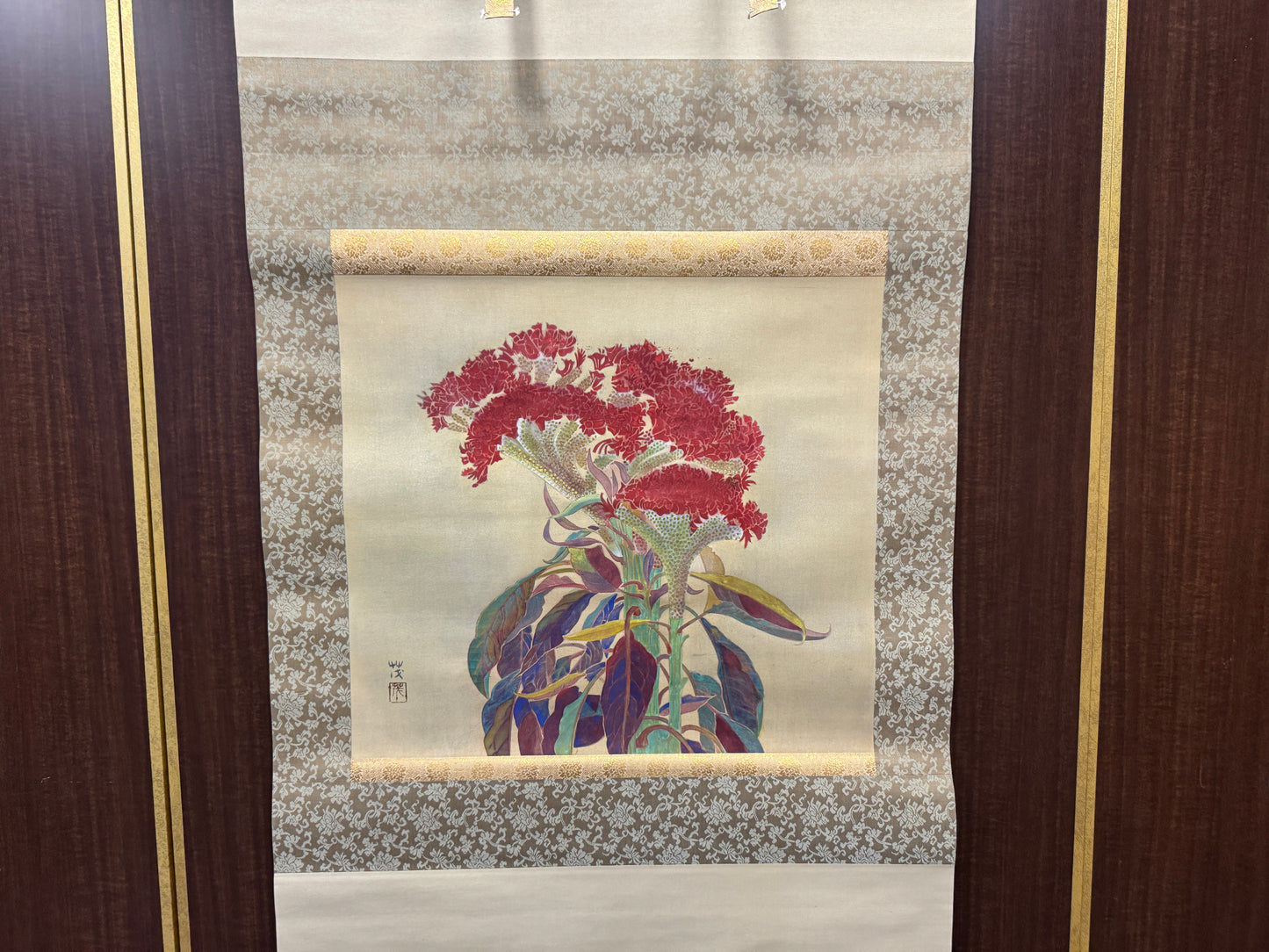Y8868 KAKEJIKU Cockscomb flower signed box Japan antique hanging scroll interior