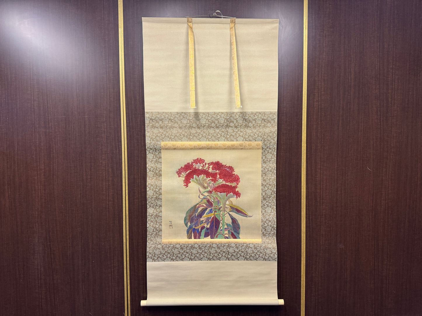 Y8868 KAKEJIKU Cockscomb flower signed box Japan antique hanging scroll interior