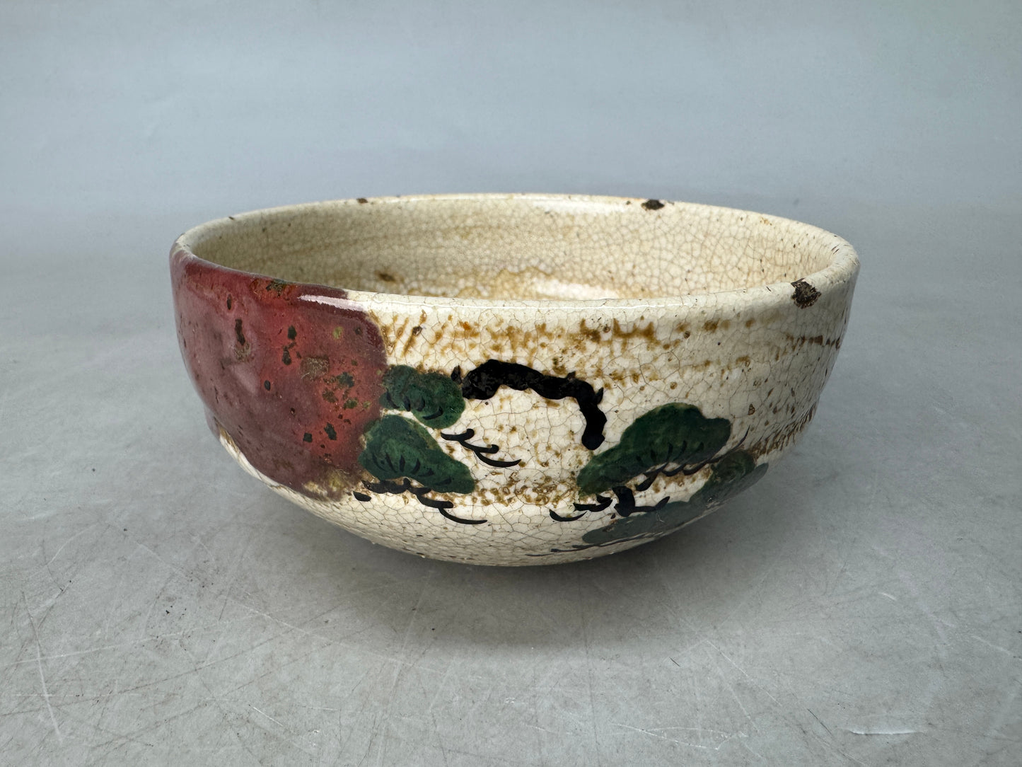 Y8889 CHAWAN Oribe-ware bowl Crane signed Japan antique tea ceremony cup pottery