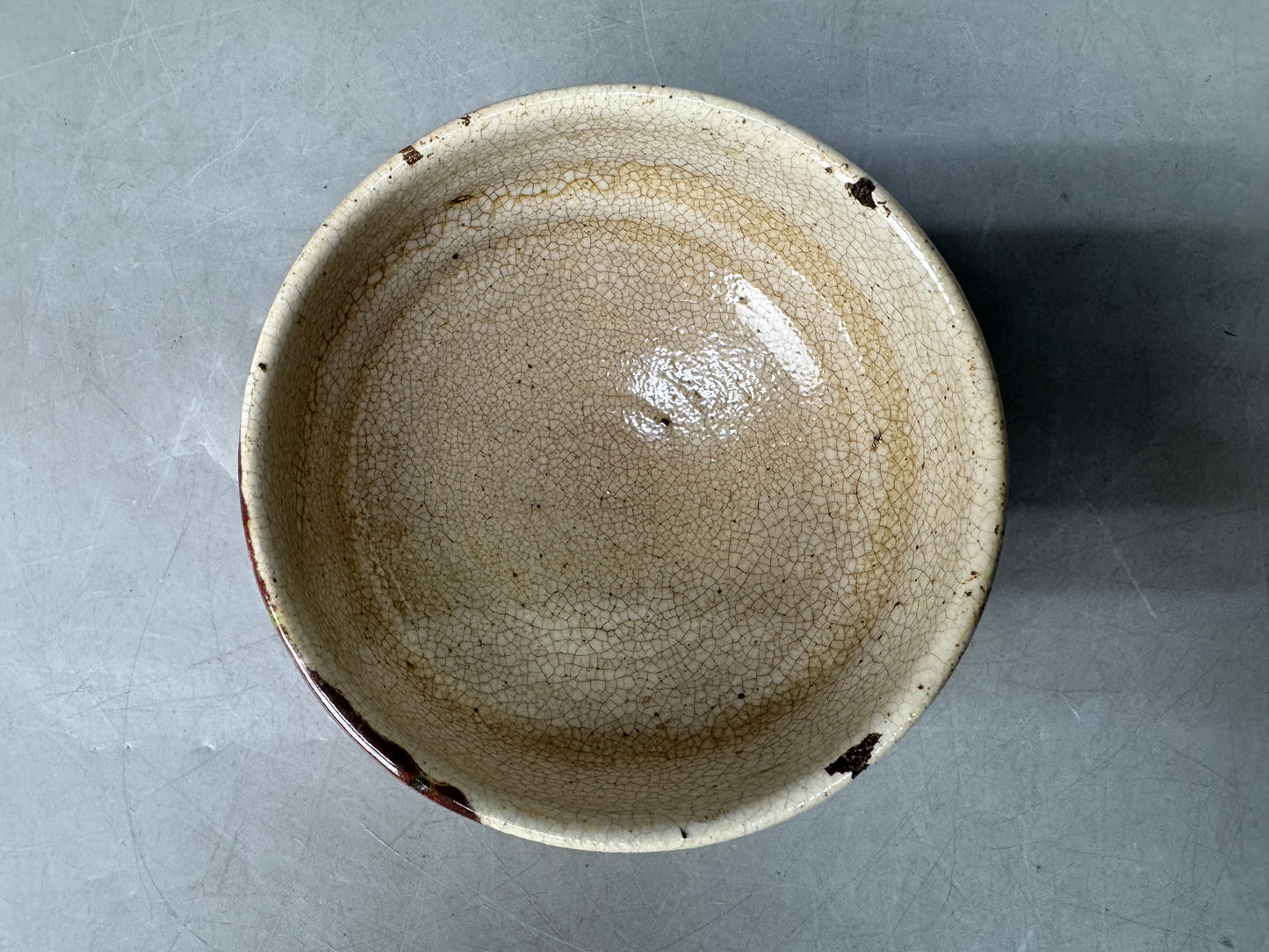 Y8889 CHAWAN Oribe-ware bowl Crane signed Japan antique tea ceremony cup pottery