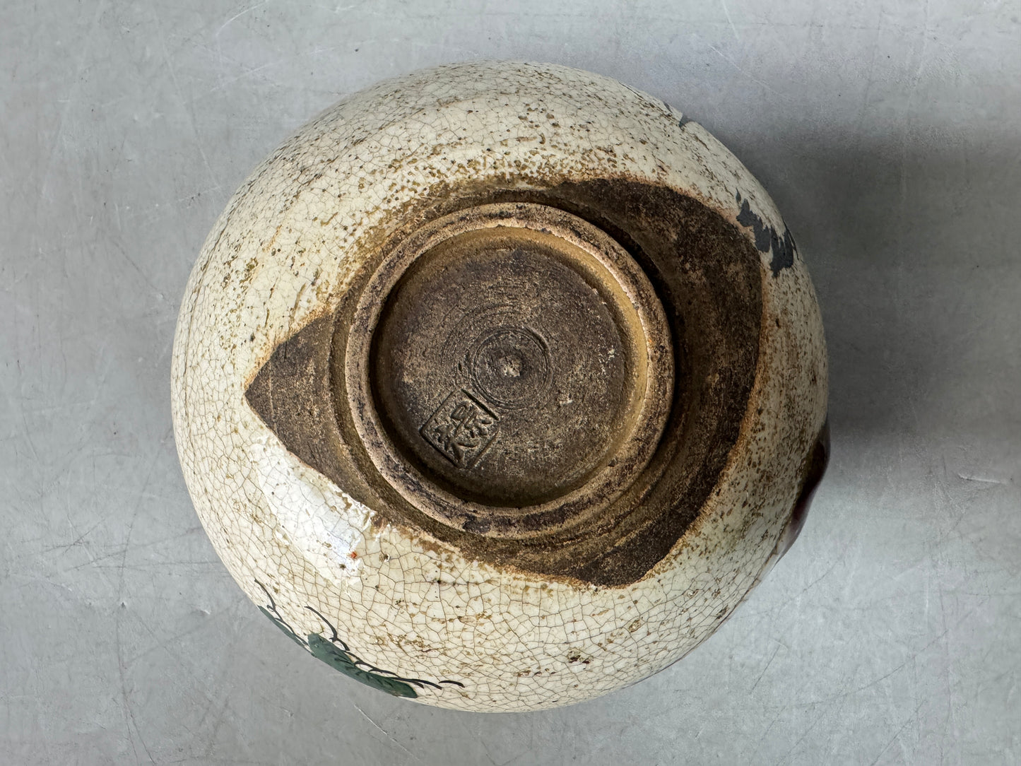 Y8889 CHAWAN Oribe-ware bowl Crane signed Japan antique tea ceremony cup pottery