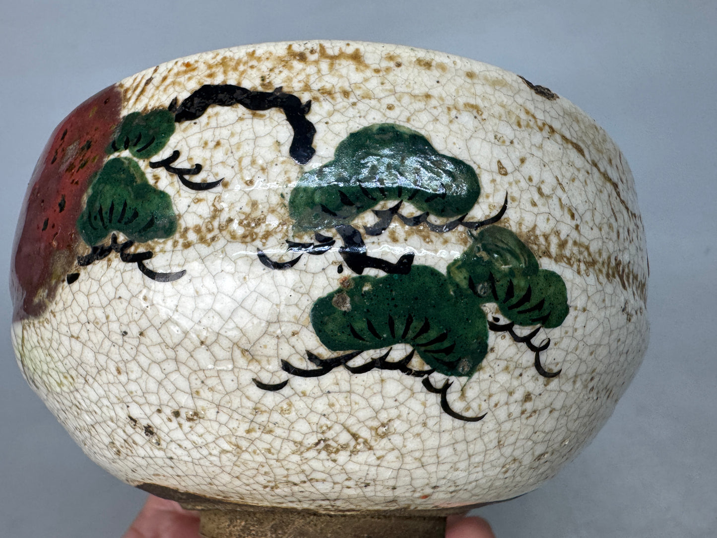 Y8889 CHAWAN Oribe-ware bowl Crane signed Japan antique tea ceremony cup pottery