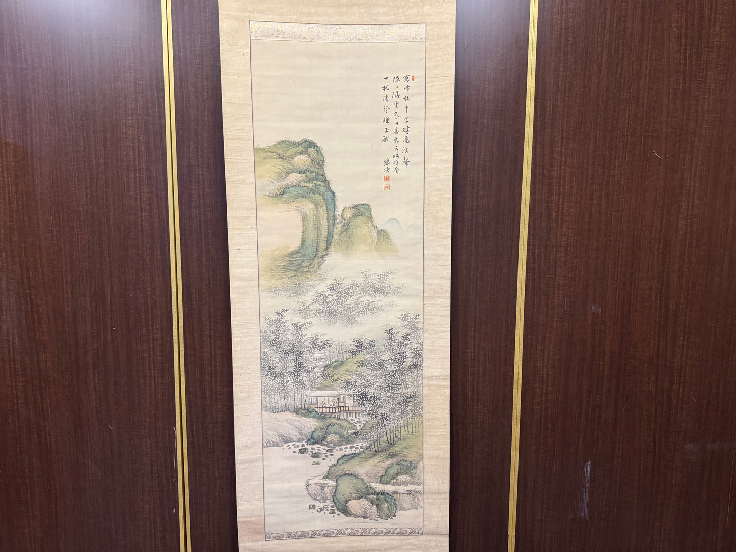 Y8899 KAKEJIKU Blue-green landscape signed Japan antique hanging scroll interior