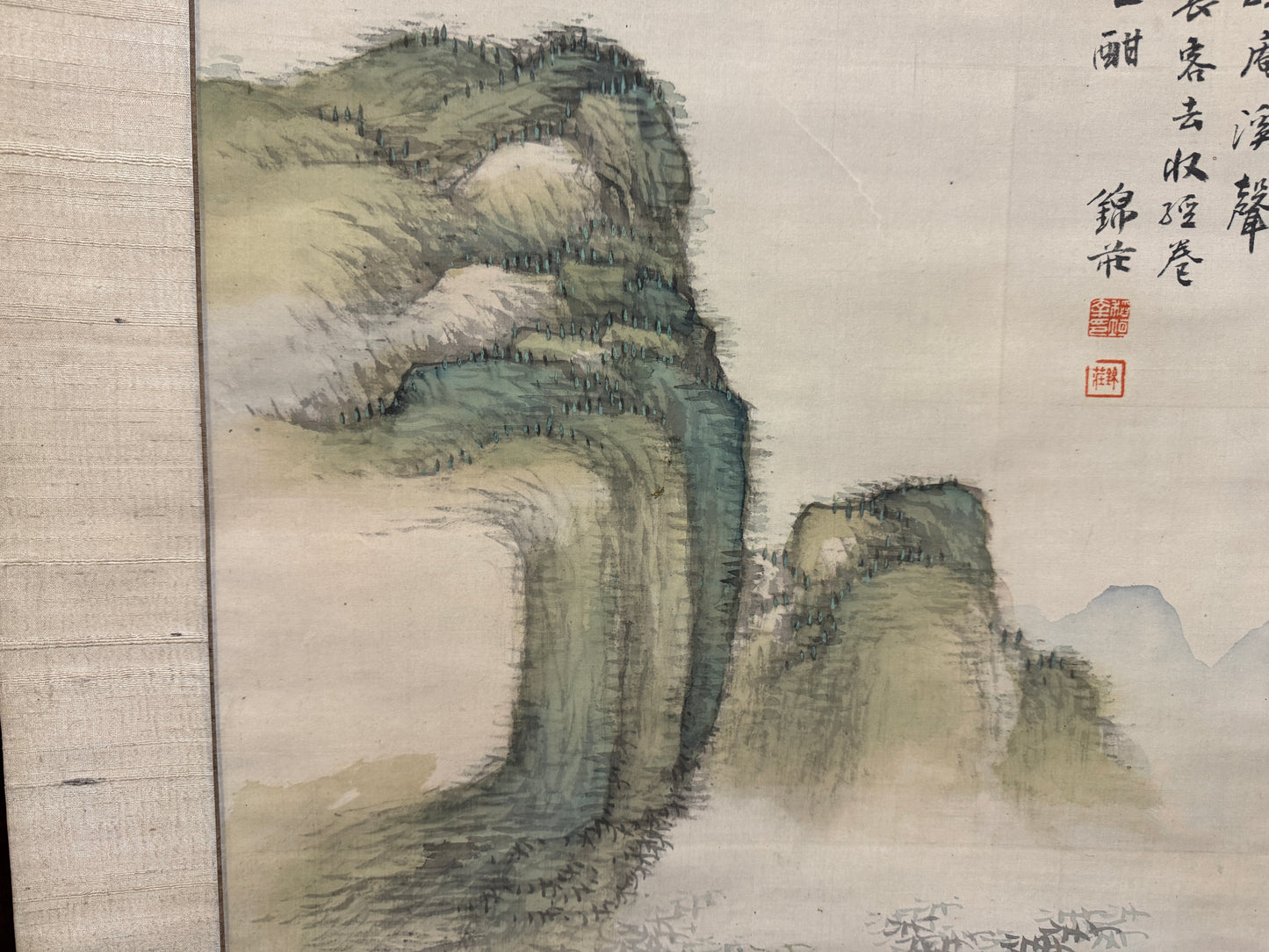 Y8899 KAKEJIKU Blue-green landscape signed Japan antique hanging scroll interior