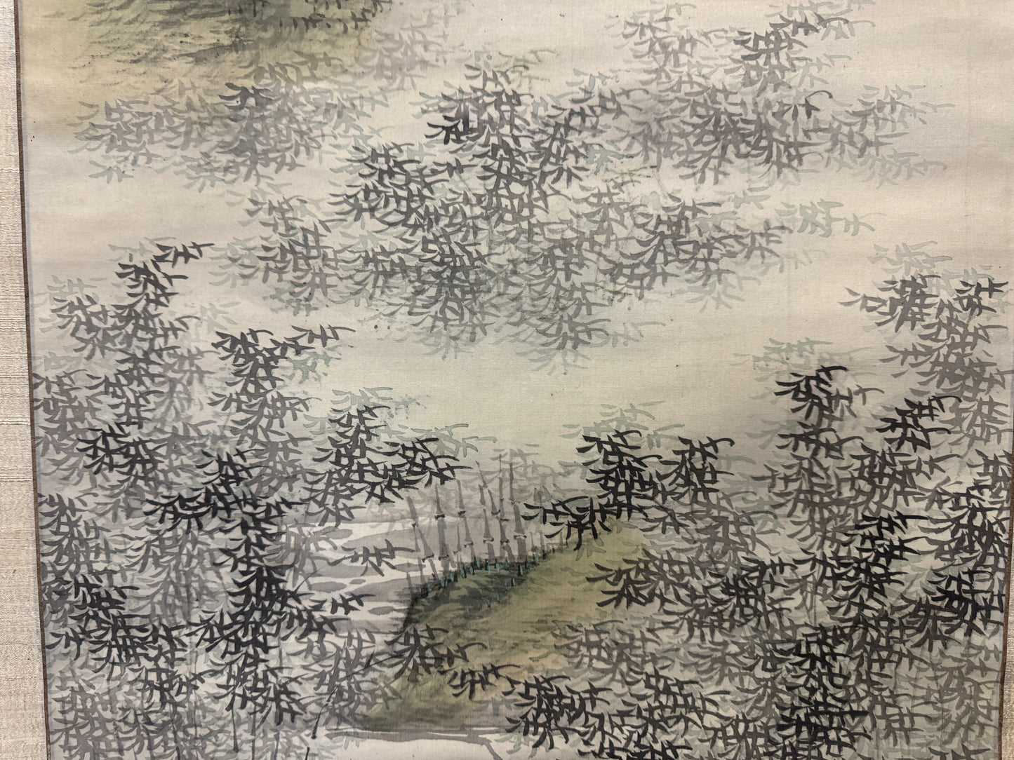 Y8899 KAKEJIKU Blue-green landscape signed Japan antique hanging scroll interior
