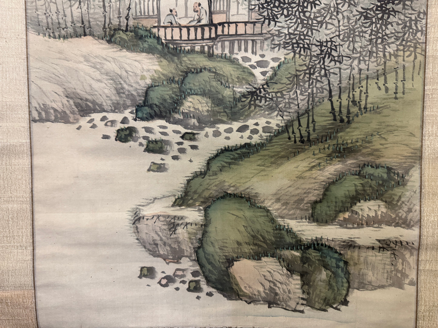 Y8899 KAKEJIKU Blue-green landscape signed Japan antique hanging scroll interior