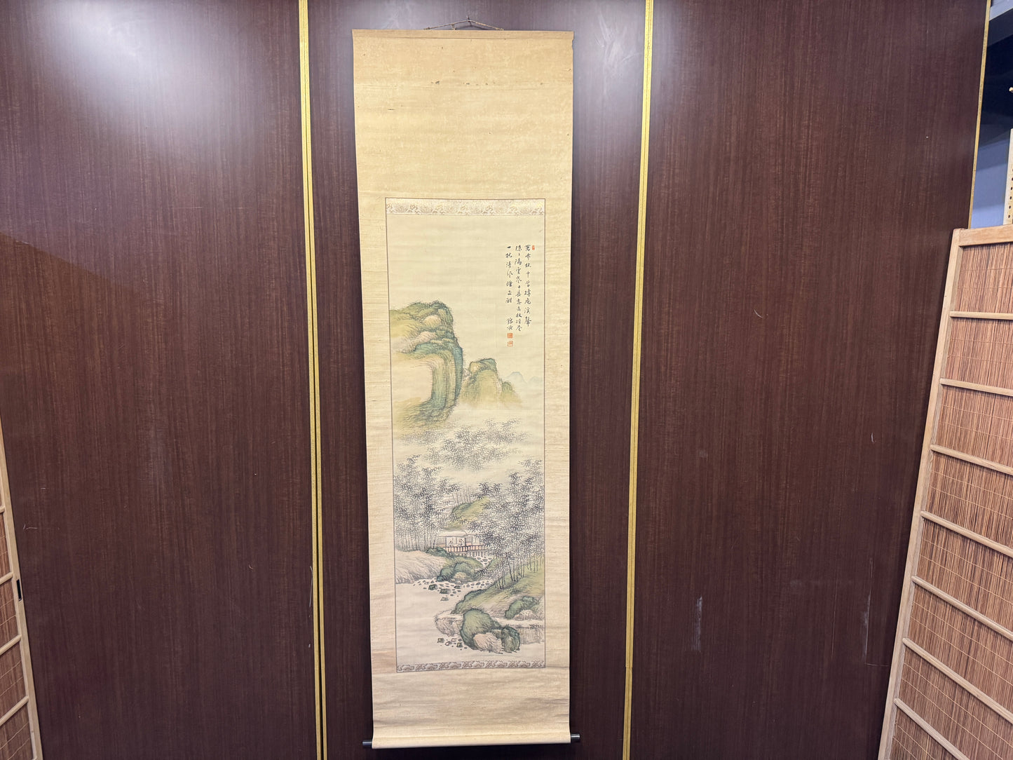 Y8899 KAKEJIKU Blue-green landscape signed Japan antique hanging scroll interior