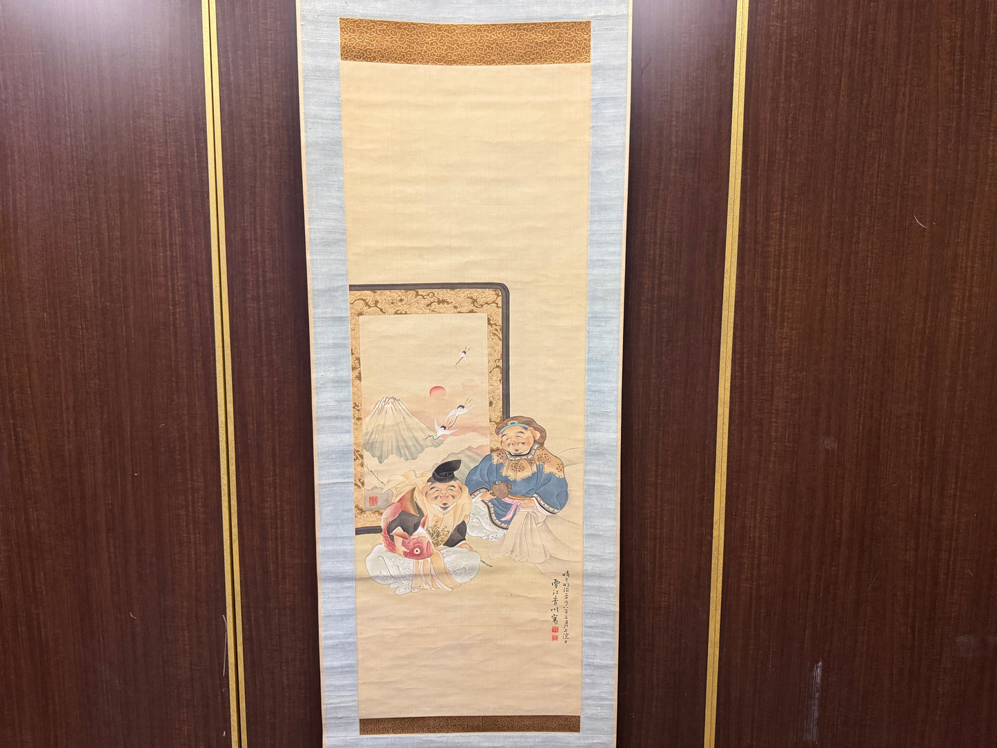 Y8900 KAKEJIKU Ebisu Daikoku signed Japan antique hanging scroll interior decor