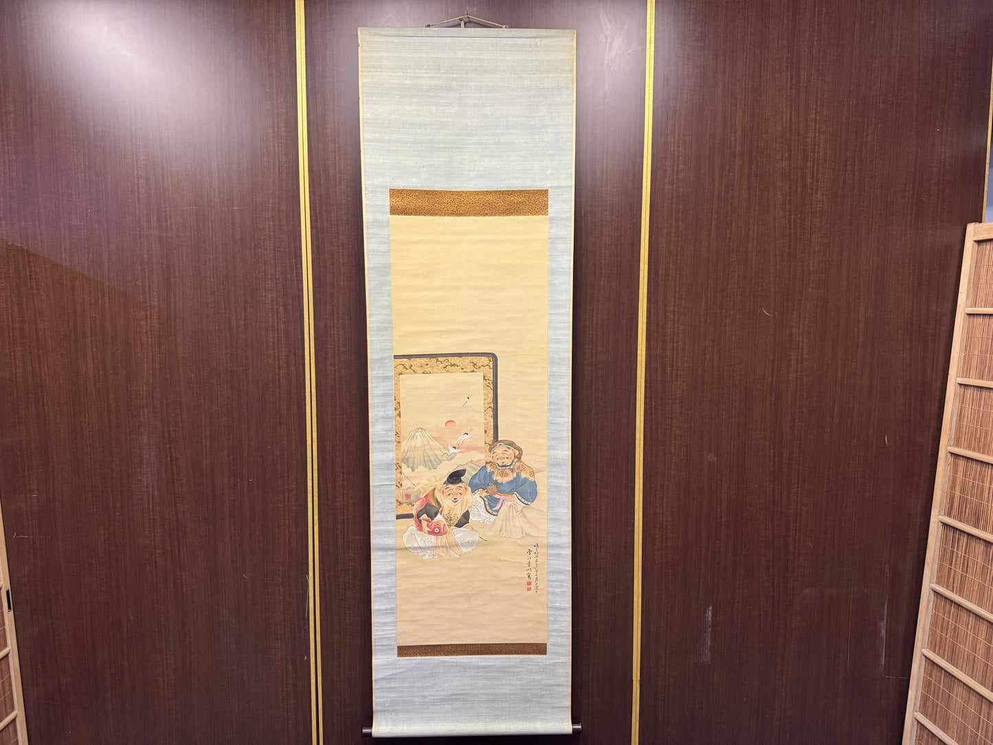 Y8900 KAKEJIKU Ebisu Daikoku signed Japan antique hanging scroll interior decor