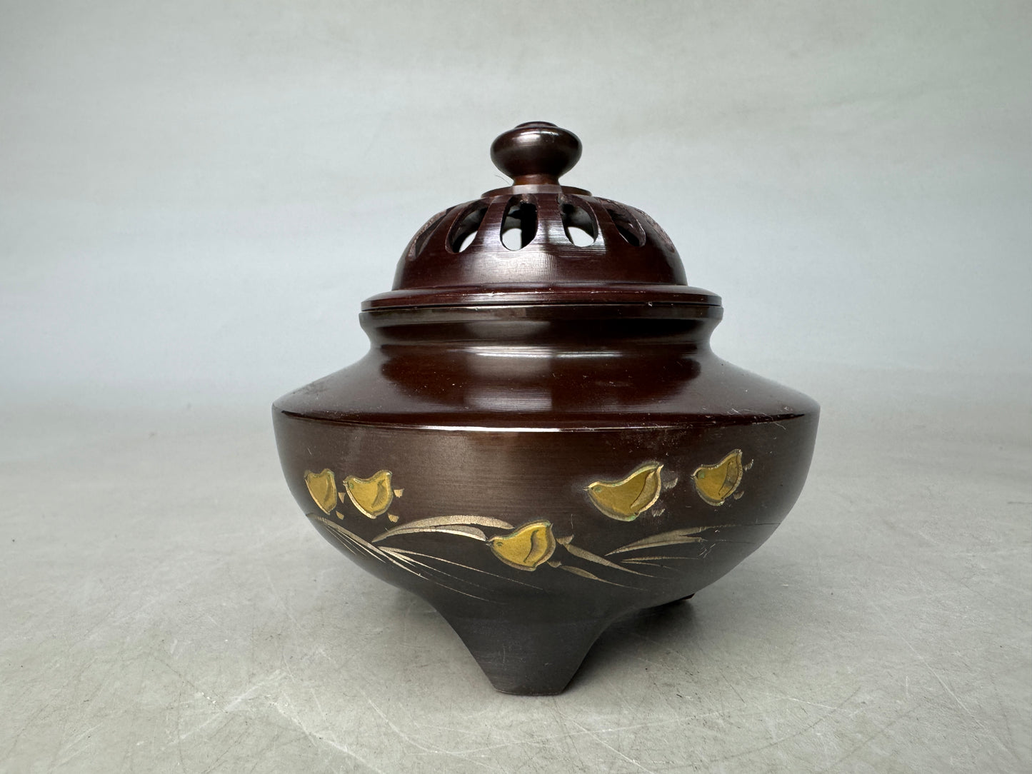 Y8905 KOURO Copper chidori pattern Japan antique fragrance incense burner aroma