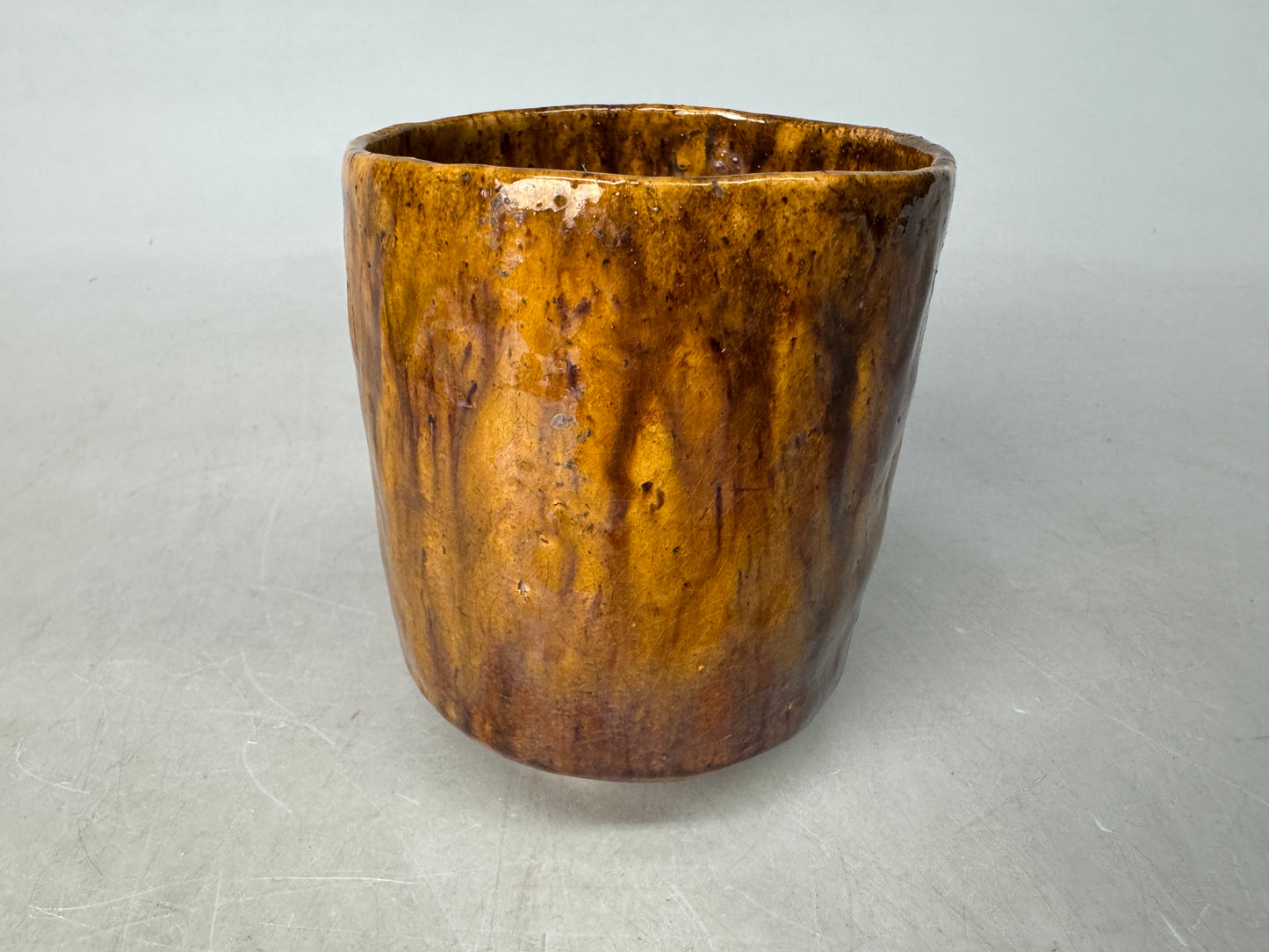 Y8910 CHAWAN Ohi-ware tube bowl signed Japan antique tea ceremony teacup pottery