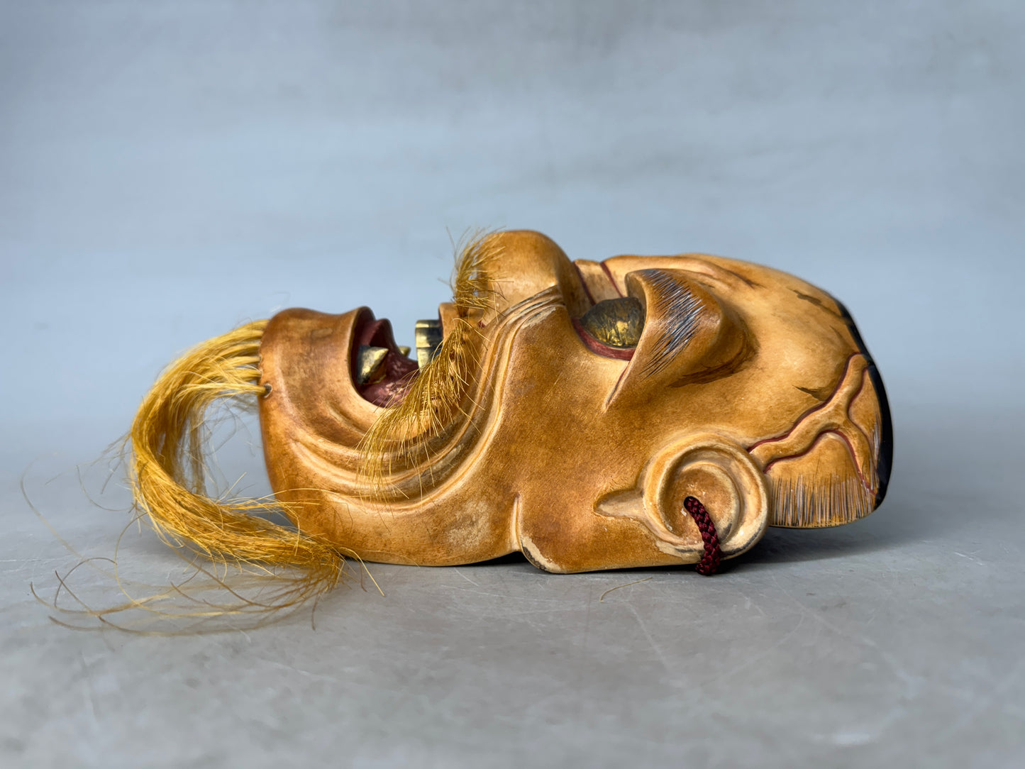 Y8913 NOH MASK wood carving Daiakujo signed Japan antique omen men dance drama