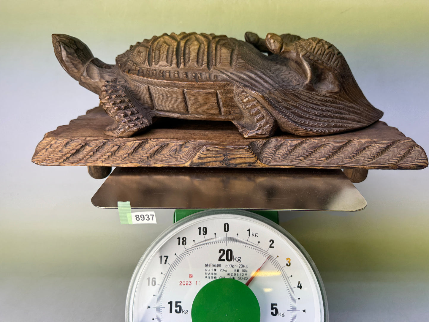 Y8937 OKIMONO wood carving Turtle figurine stand cedar Japan antique interior