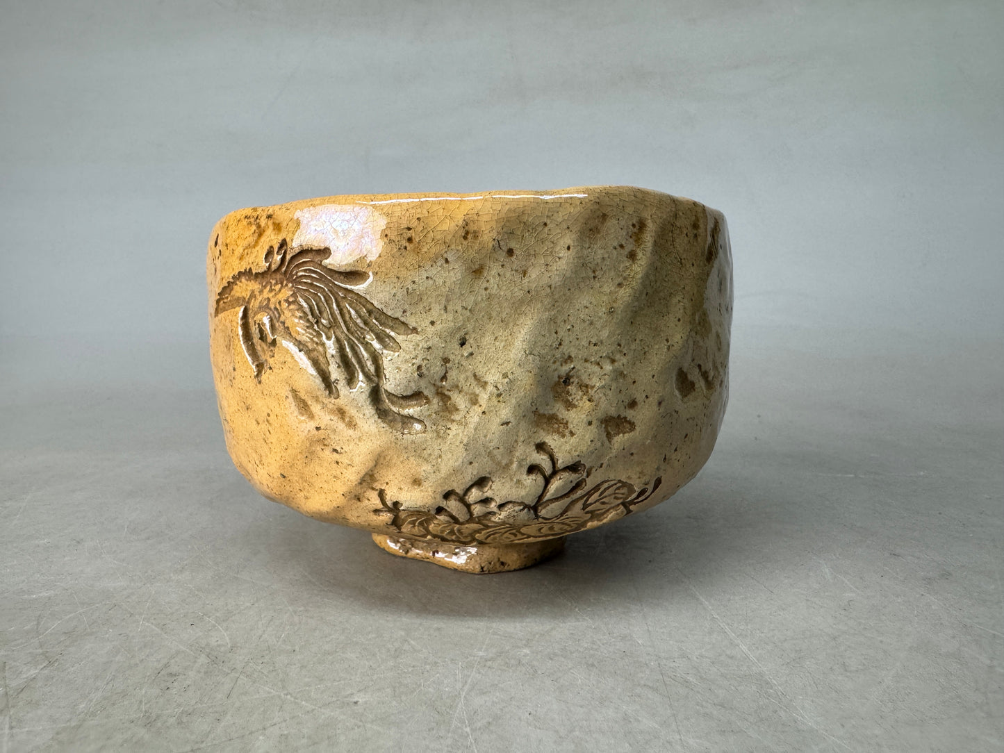 Y8947 CHAWAN Raku-ware bowl Paulownia Phoenix Japan antique tea ceremony pottery