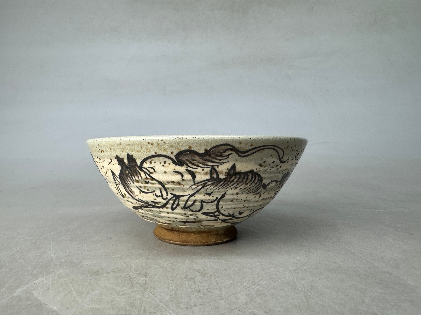 Y8950 CHAWAN Souma-ware flat bowl signed horse Japan antique tea ceremony cup