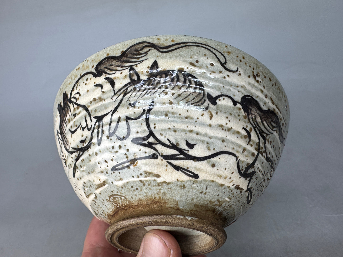Y8950 CHAWAN Souma-ware flat bowl signed horse Japan antique tea ceremony cup