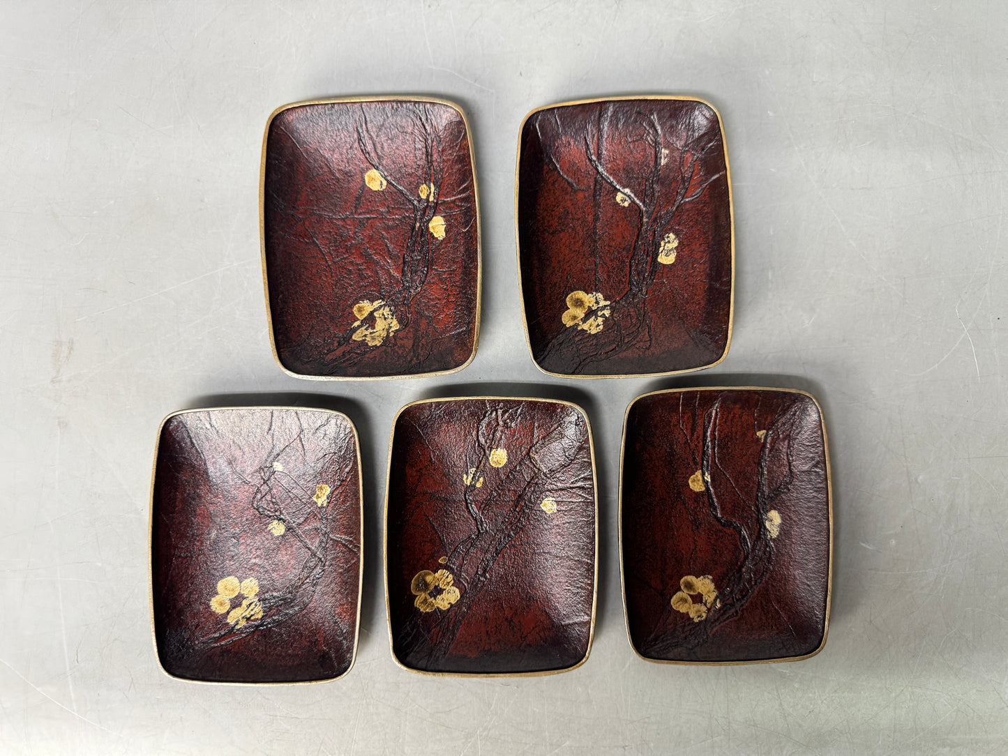 Y8992 DISH Makie small plates set of 5 signed Cherry blossoms Japan antique